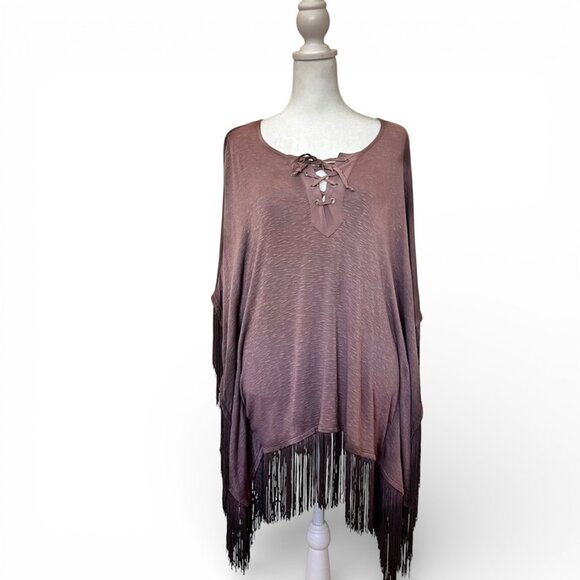 NWOT Ella Moss Plum Fringe Poncho Top OS Boho Festival Lace Up Oversized Western - Picture 2 of 9